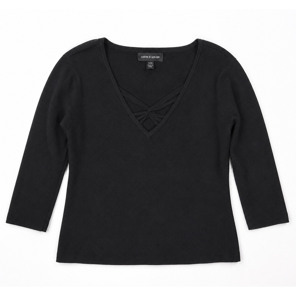 Cable & Gauge Lattice V-Neck Top Women Size M Black Viscose Blend Ribbed Knit